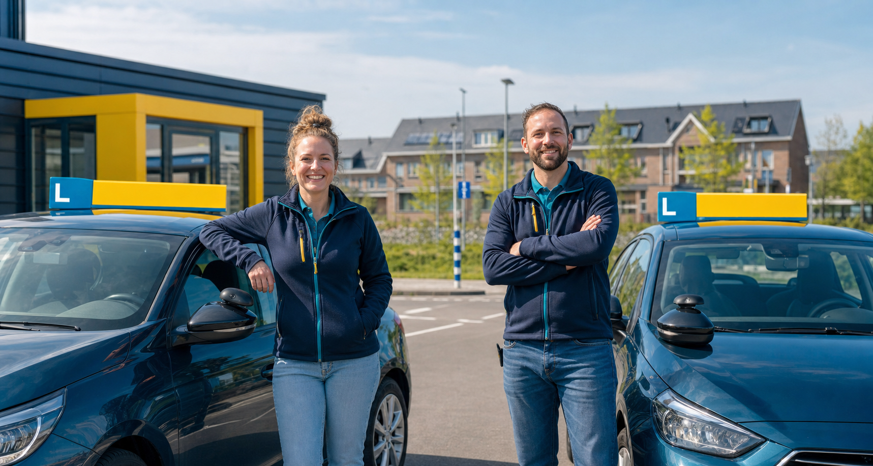 De fictieve Startklaar-instructeurs Lotte en Karim bij hun lesauto's